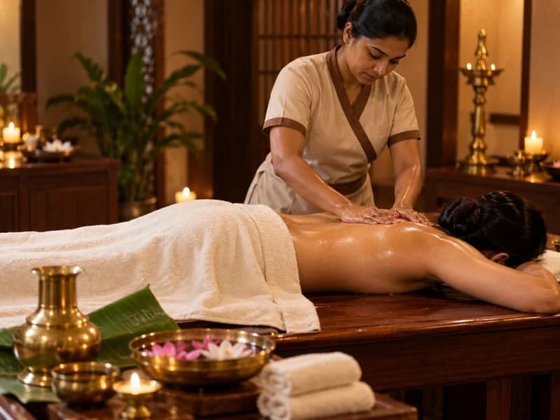 Comprehensive full body Ayurvedic massage in a calm, ambient room
